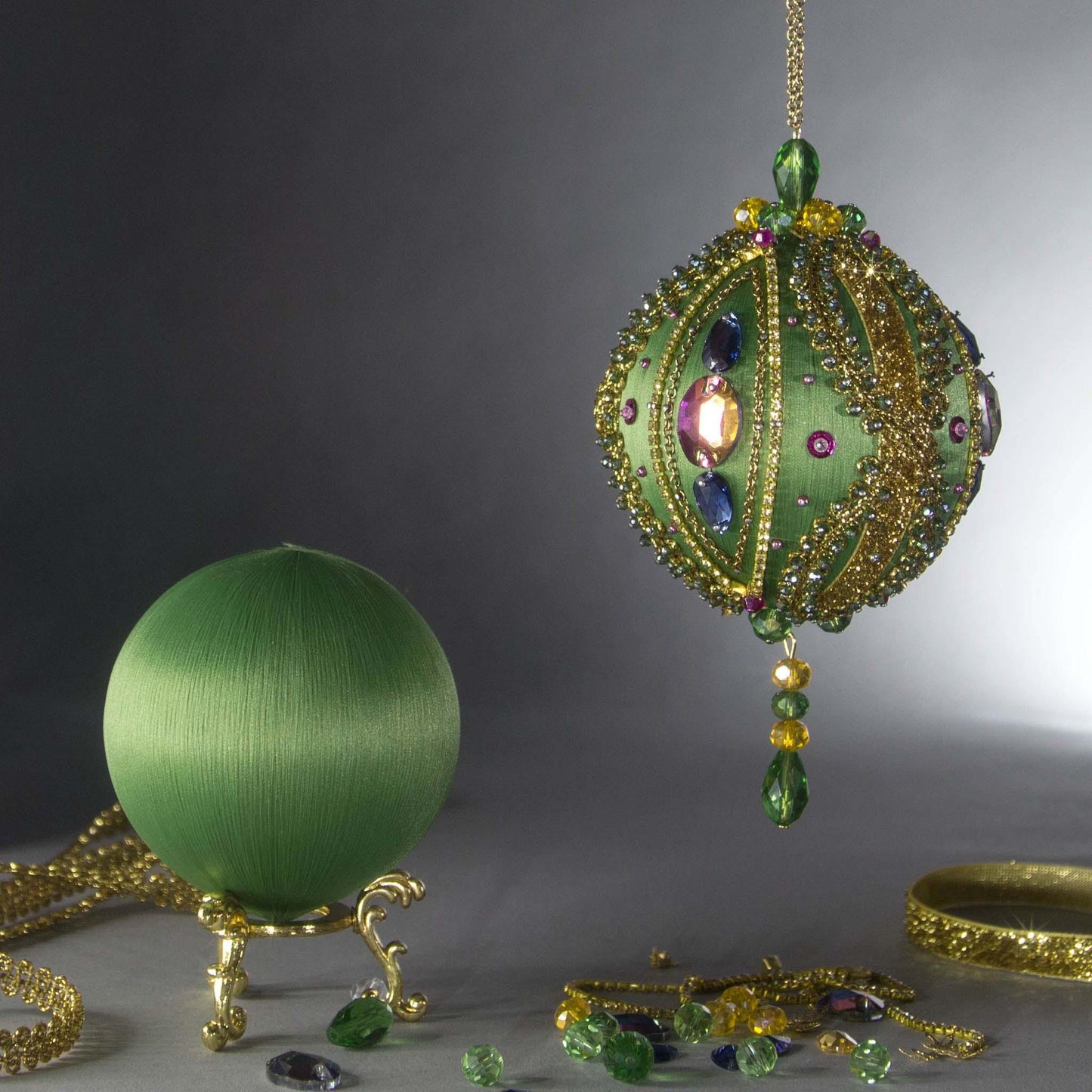 Christmas Beaded Ornament Kit Ball embellished with glass rhinestones, gold braided trim, and crystal beads. DIY. (Olive).