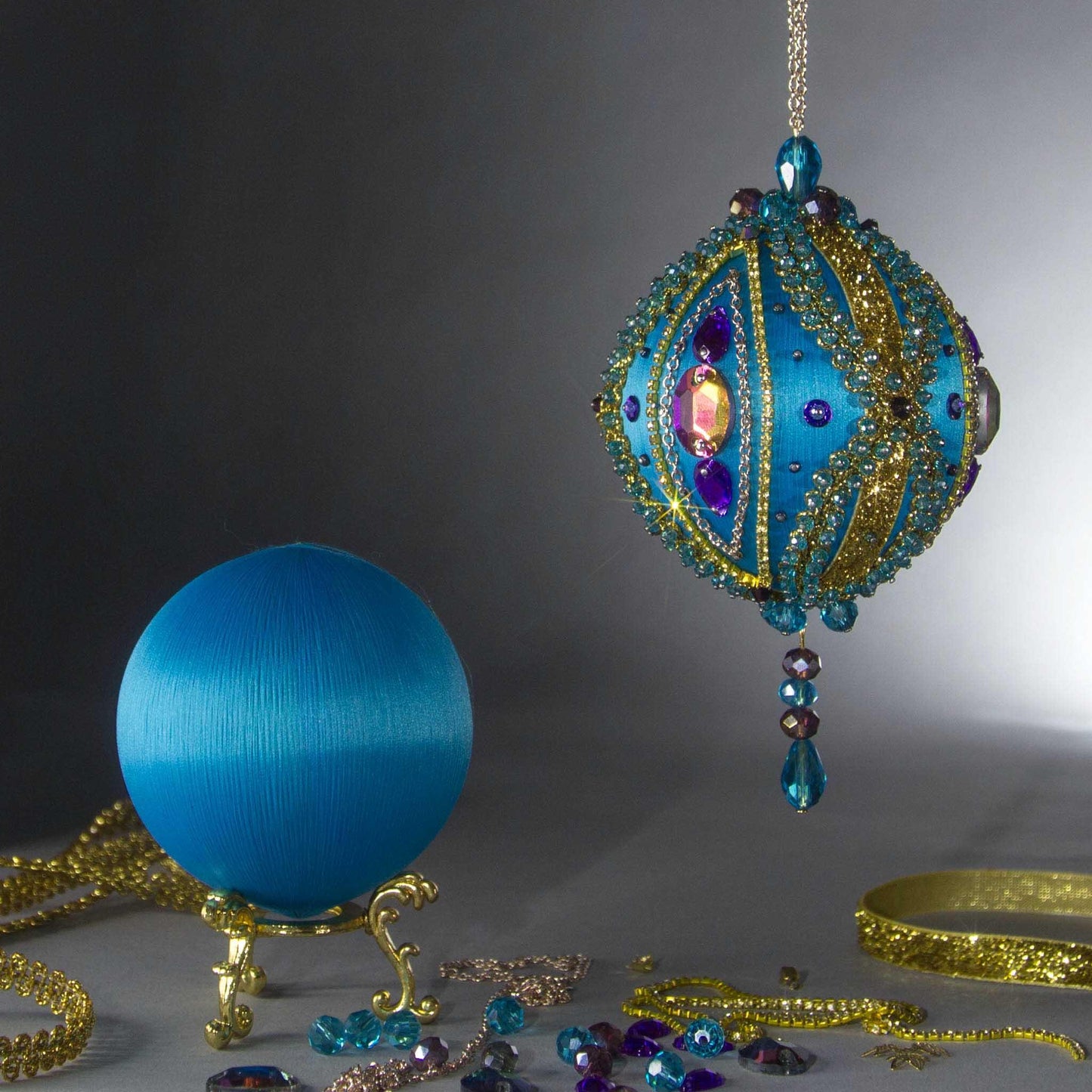 Christmas Beaded Ornament Kit Ball embellished with glass rhinestones, gold braided trim, and crystal beads. DIY. (Sky Blue).