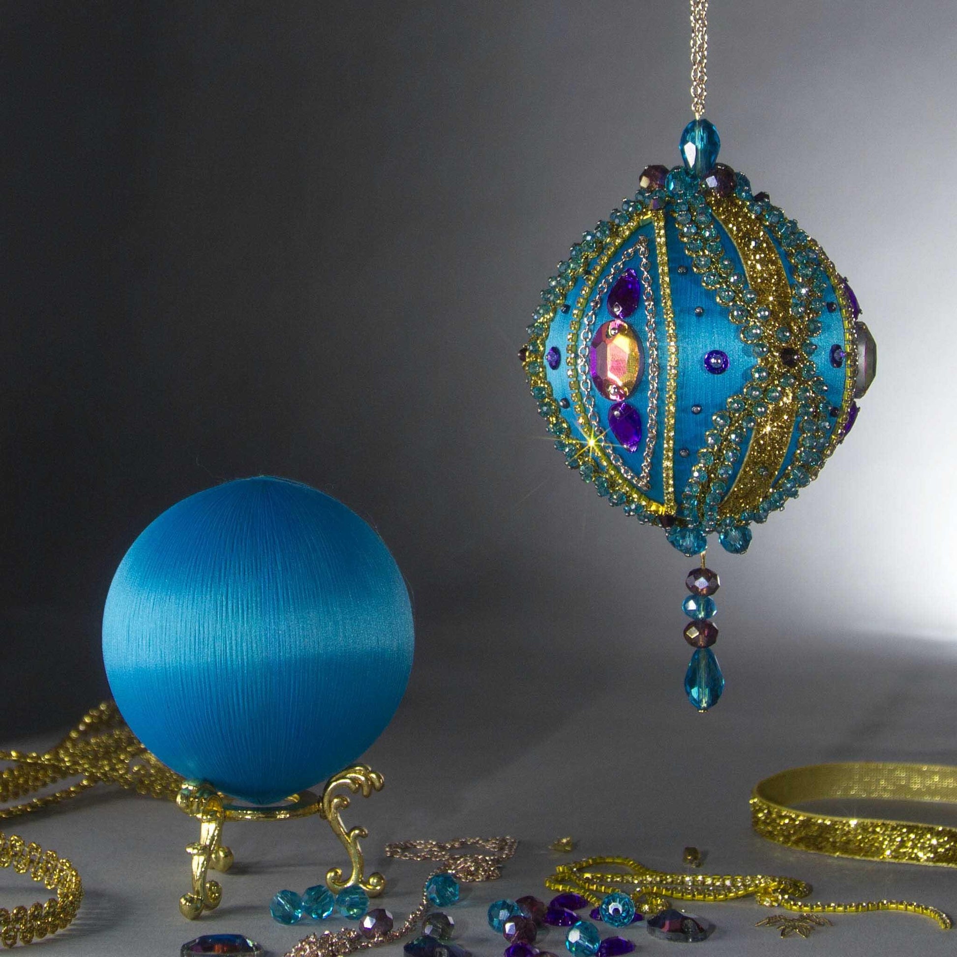 Christmas Beaded Ornament Kit Ball embellished with glass rhinestones, gold braided trim, and crystal beads. DIY. (Sky Blue).