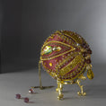 Load image into Gallery viewer, Close up of handmade Christmas Beaded Ornament Kit Uliger embellished with glass rhinestones, gold braided trim, and crystal beads. Bottom detail. (Maroon).
