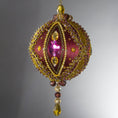 Load image into Gallery viewer, Handmade Satin Ornament by Whim5seasons, but also has a Kit to create a decoration embellished with glass rhinestones, gold braided trim, and crystal beads. Front. (Maroon).
