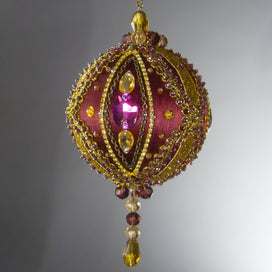 Handmade Satin Ornament by Whim5seasons, but also has a Kit to create a decoration embellished with glass rhinestones, gold braided trim, and crystal beads. Front. (Maroon).