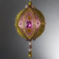 Load image into Gallery viewer, Christmas Beaded Ornament Kit Ball embellished with glass rhinestones, gold braided trim, and crystal beads. Front. (Pale Violet Red).
