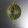 Load image into Gallery viewer, Christmas Beaded Ornament Ball embellished with large glass color-shifting rhinestones, gold braided trim, and crystal beads. (Olive).
