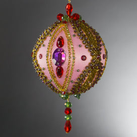 Christmas Beaded Ornament Kit Ball embellished with glass rhinestones, gold braided trim, and crystal beads. Front. (Light Pink).