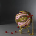 Load image into Gallery viewer, Christmas Beaded Ornament Kit Ball embellished with glass rhinestones, gold braided trim, and crystal beads. Top detail. (Light Pink).
