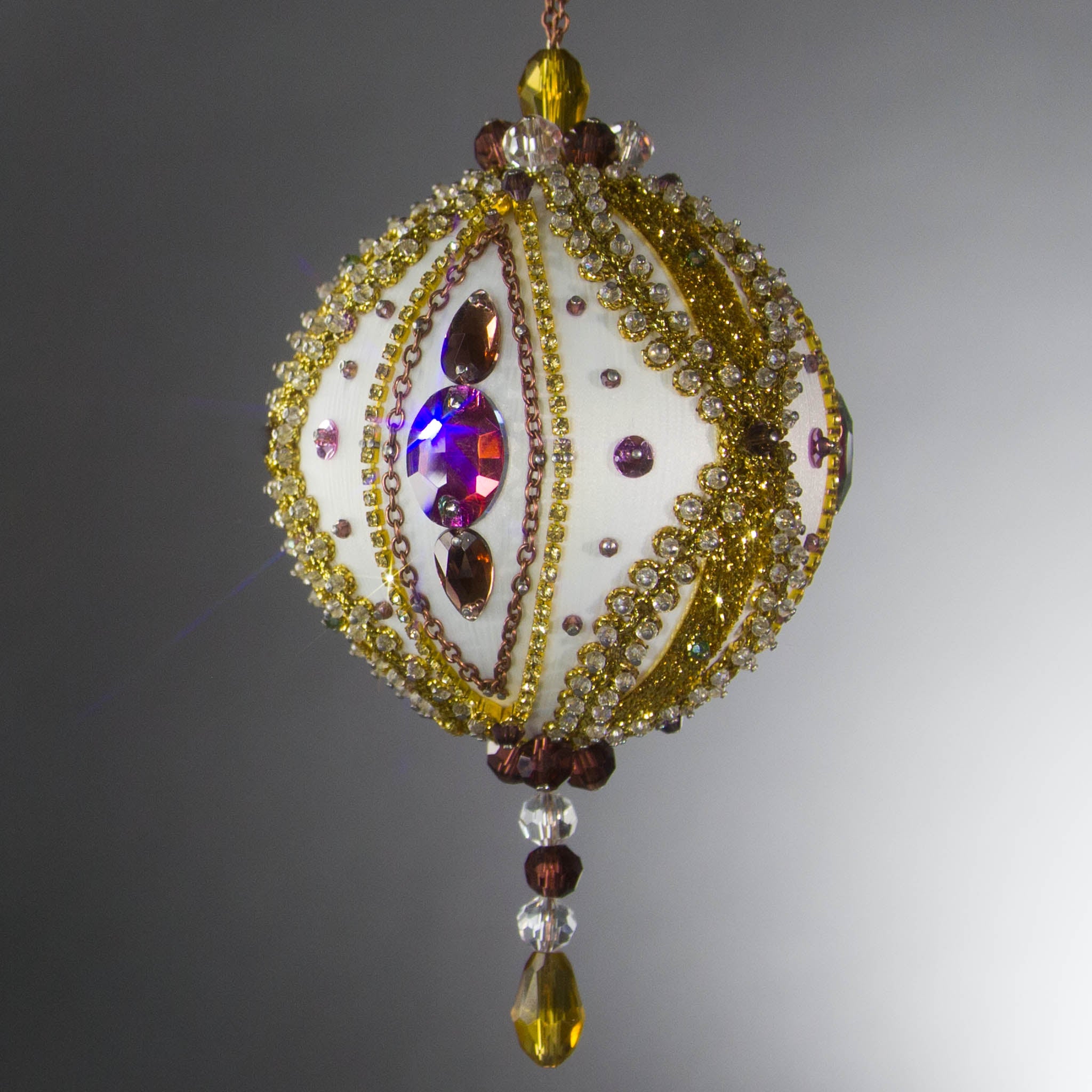 Christmas Beaded Ornament Ball embellished with glass rhinestones, gold braided trim, and crystal beads. DIY. (White).