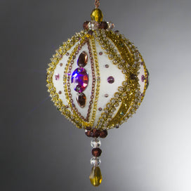Christmas Beaded Ornament Ball embellished with glass rhinestones, gold braided trim, and crystal beads. DIY. (White).