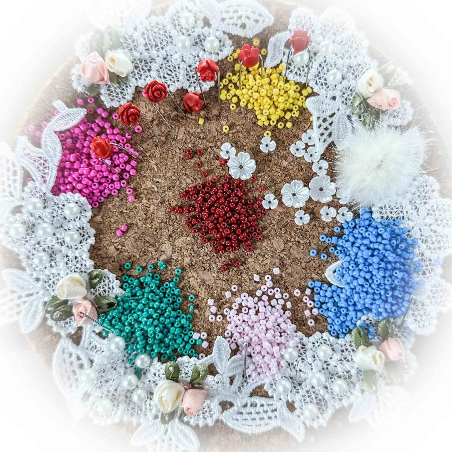 Vintage Doily Push Pin Ornament Kit incudes white lace, seed beads, and flowers - all you need from Whim5seasons. (Deep Pink) 