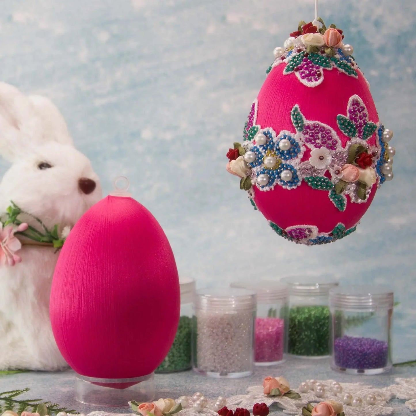 Vintage Doily Easter Egg Handmade Satin Ornament kit provides pins, lace, thousands of beads, and acrylic flowers.(Deep Pink) 