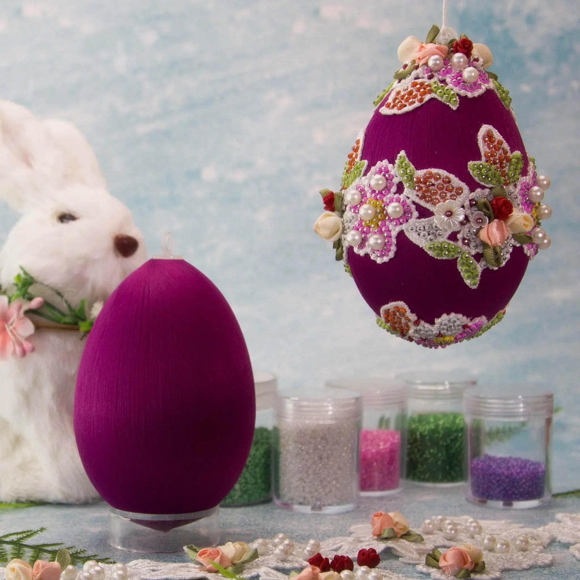 Vintage Doily Easter Egg Beaded  Ornament push pin kit includes everything you need to make an ornament. (Purple) 