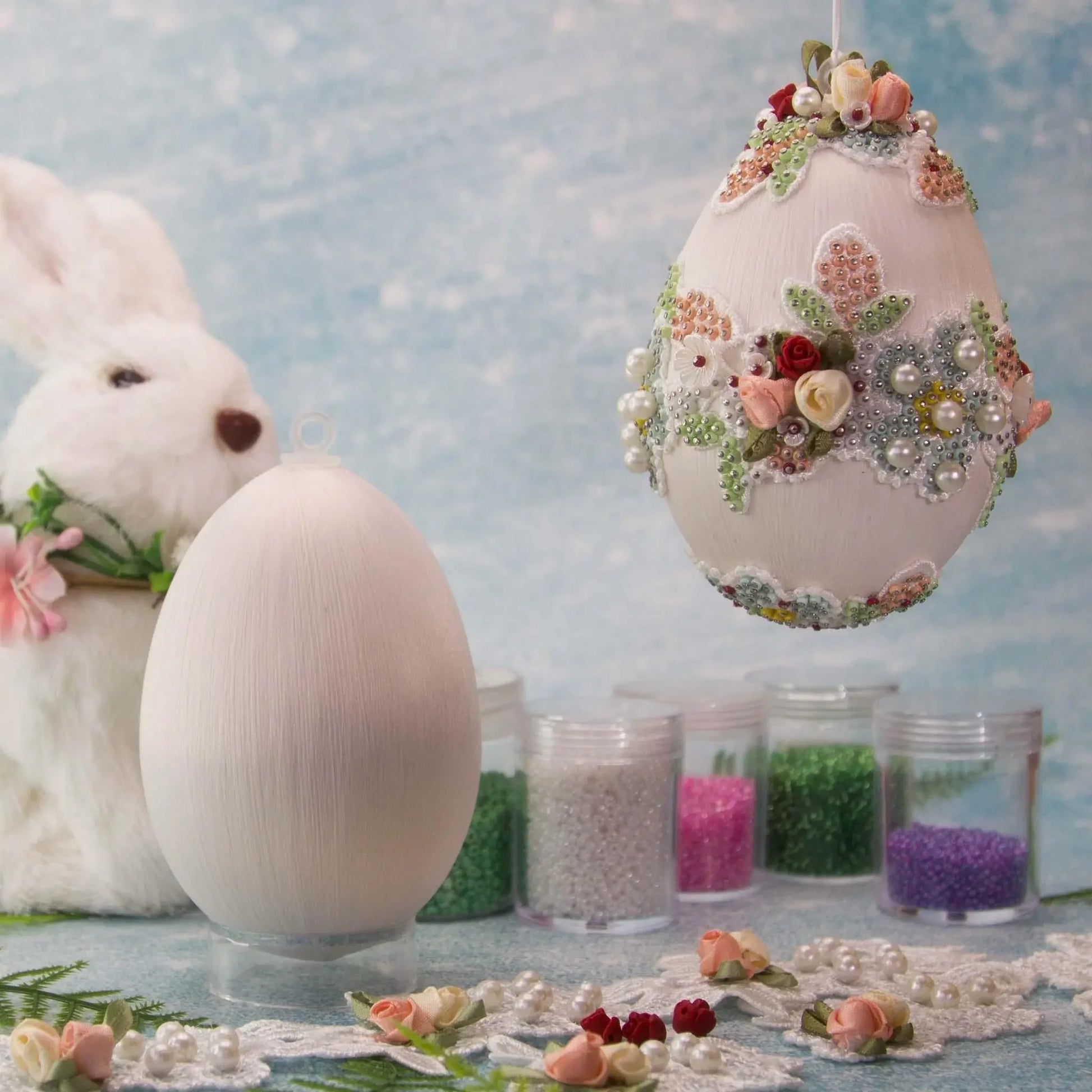 Vintage Doily Easter Egg Beaded  Ornament push pin kit includes everything you need to make an ornament. (Old Lace) 