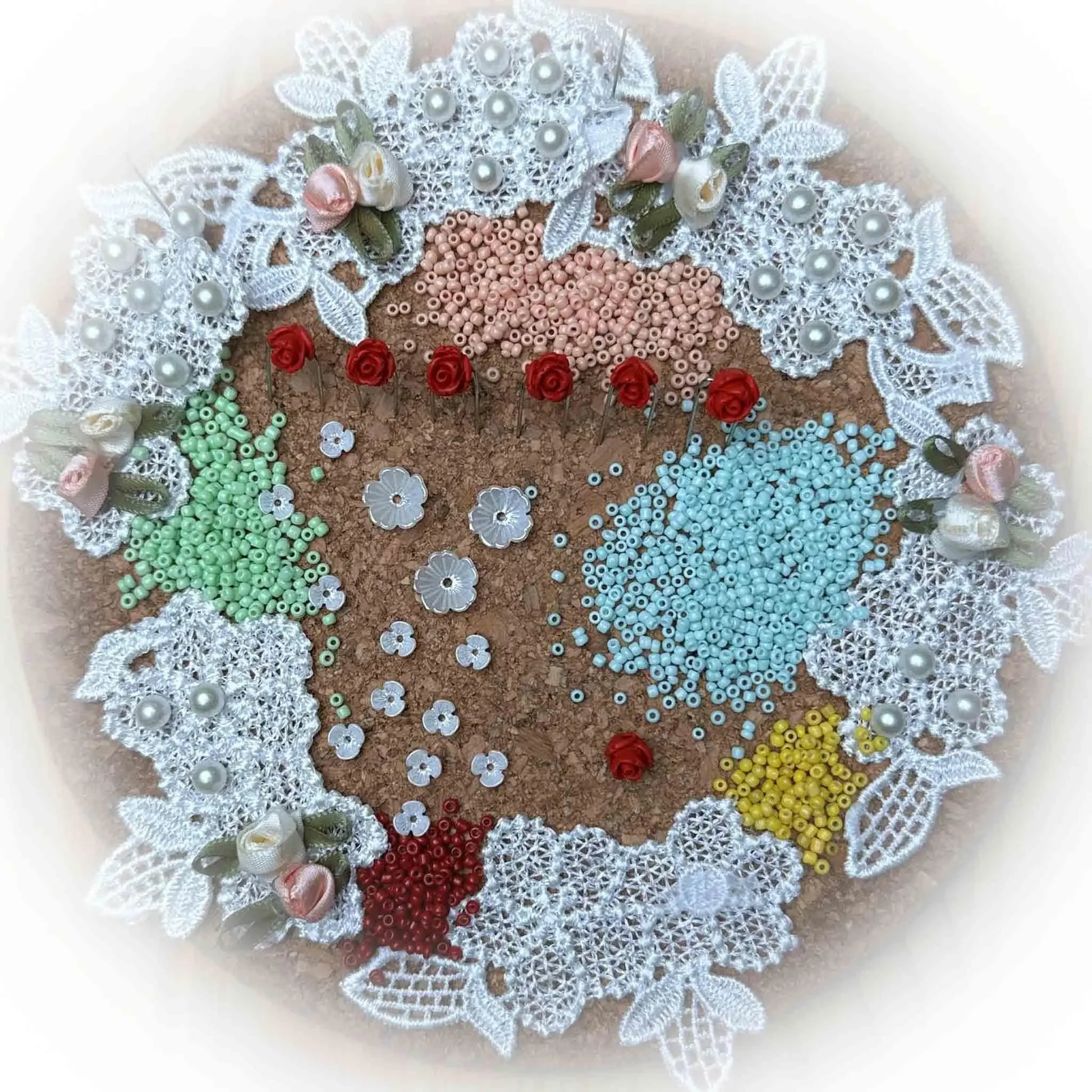 Vintage Doily by Whim5seasons Handmade Push Pin Easter Egg Ornament Kit materials include lace, beads, flowers. (Old Lace) 