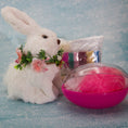 Load image into Gallery viewer, Vintage Doily Easter Egg Handmade Ornament packed in a egg-shaped container with a cute white rabbit. (Deep Pink) 
