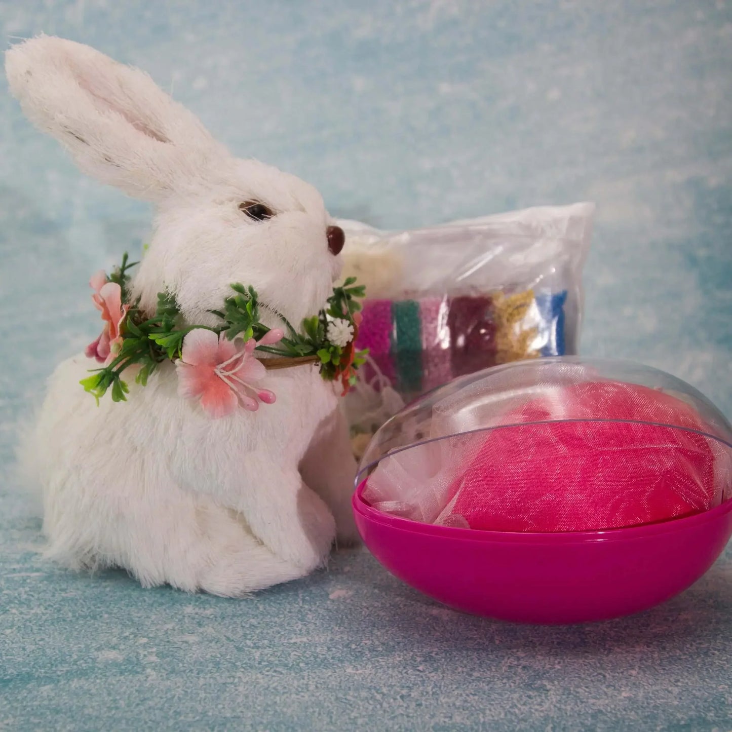 Vintage Doily Easter Egg Handmade Ornament packed in a egg-shaped container with a cute white rabbit. (Deep Pink) 