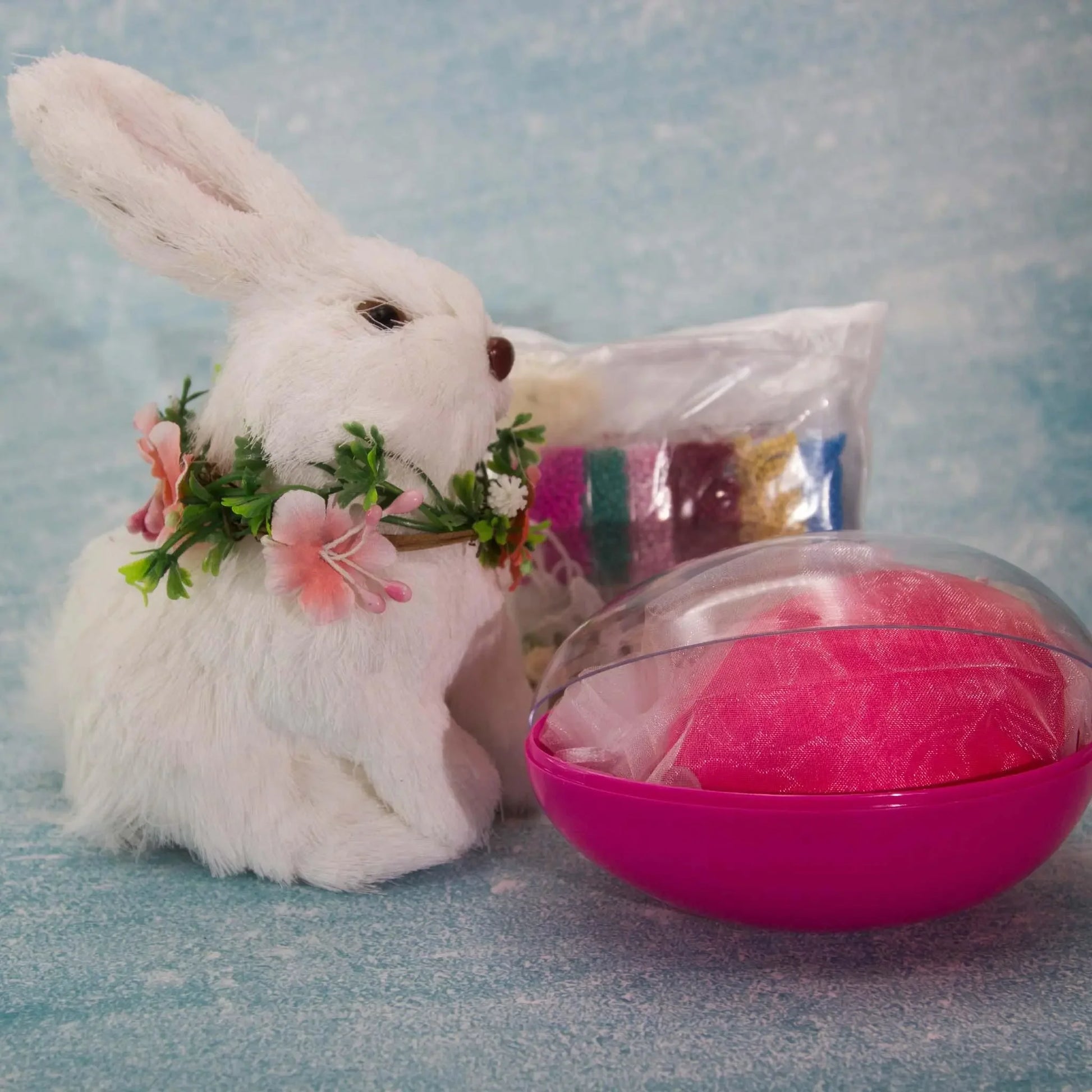 Vintage Doily Easter Egg Handmade Ornament packed in a egg-shaped container with a cute white rabbit. (Deep Pink) 