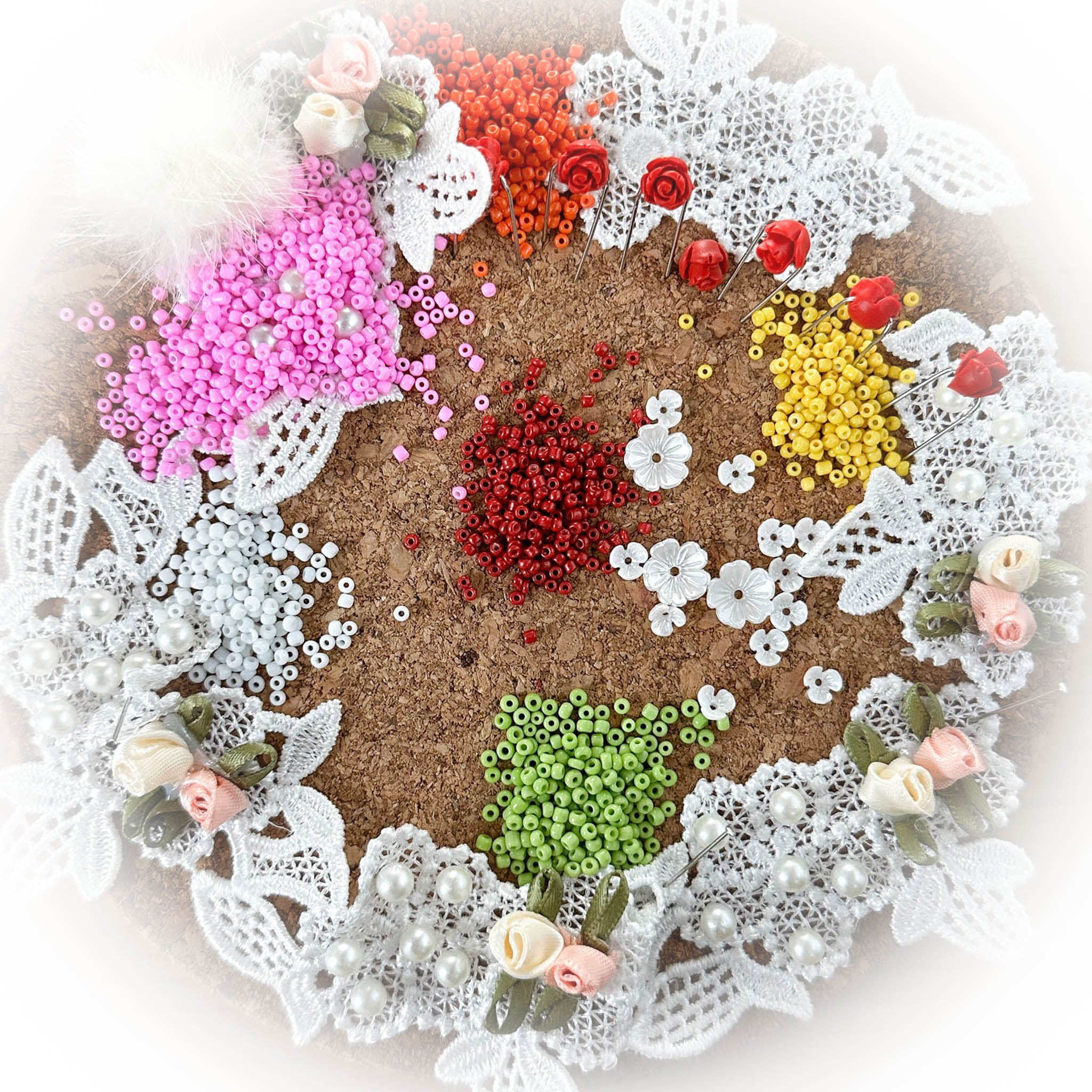 Vintage Doily Push Pin Ornament Kit incudes white lace, seed beads, and flowers - all you need from Whim5seasons. (Deep Pink) (Purple) 
