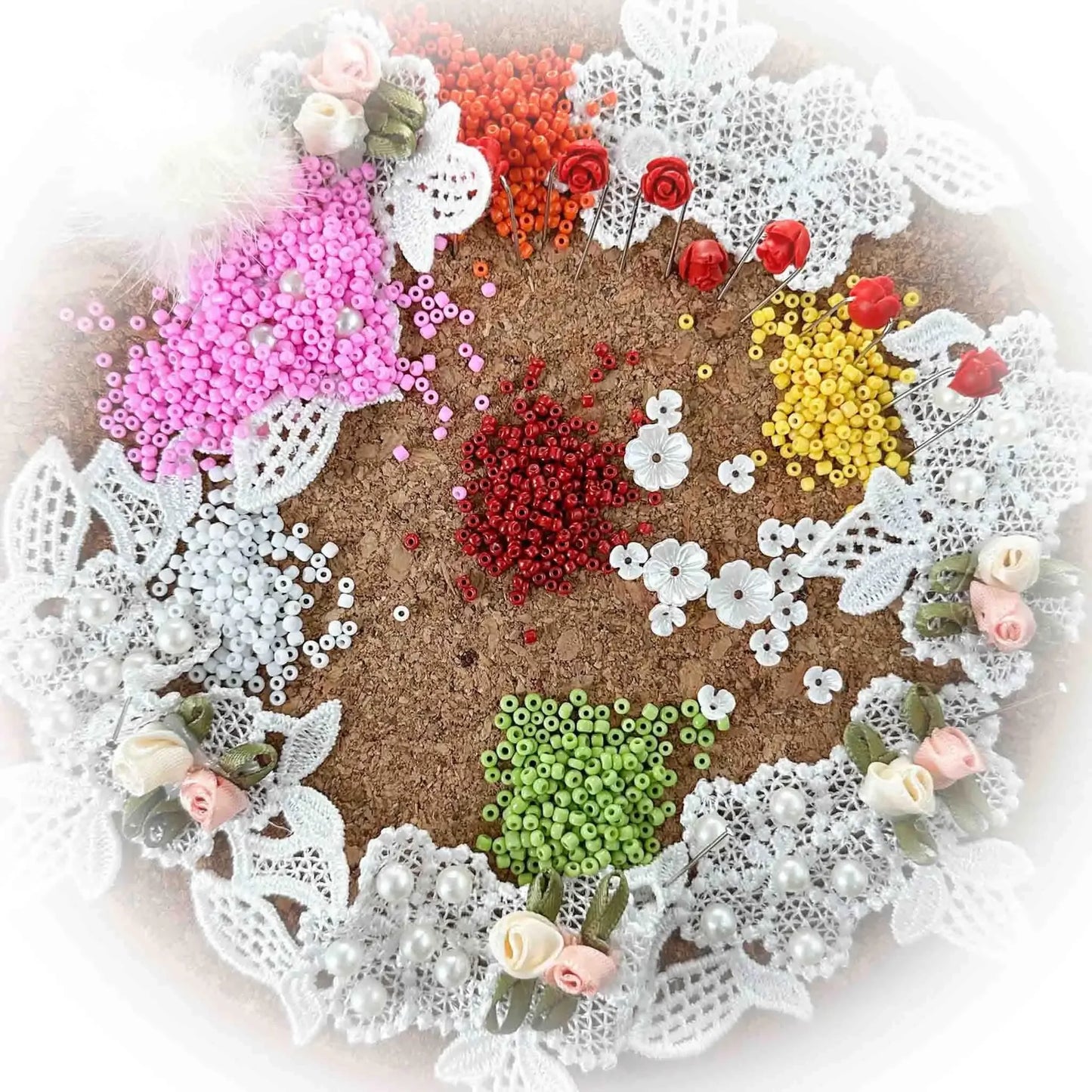 Vintage Doily Push Pin Ornament Kit incudes white lace, seed beads, and flowers - all you need from Whim5seasons. (Deep Pink) (Purple) 