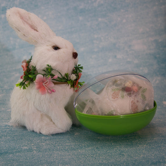 Vintage Doily Handmade Satin Easter Ornament embellished using lace with roses, pearls, and thousands of beads in a container with a clear  lid. (Old Lace)