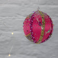 Load image into Gallery viewer, Bright pink sequin Christmas Ornament Candy  from Whim5seasonseatures bright fuchsia color, gold accents, playful candy charms. (Deep Pink) 
