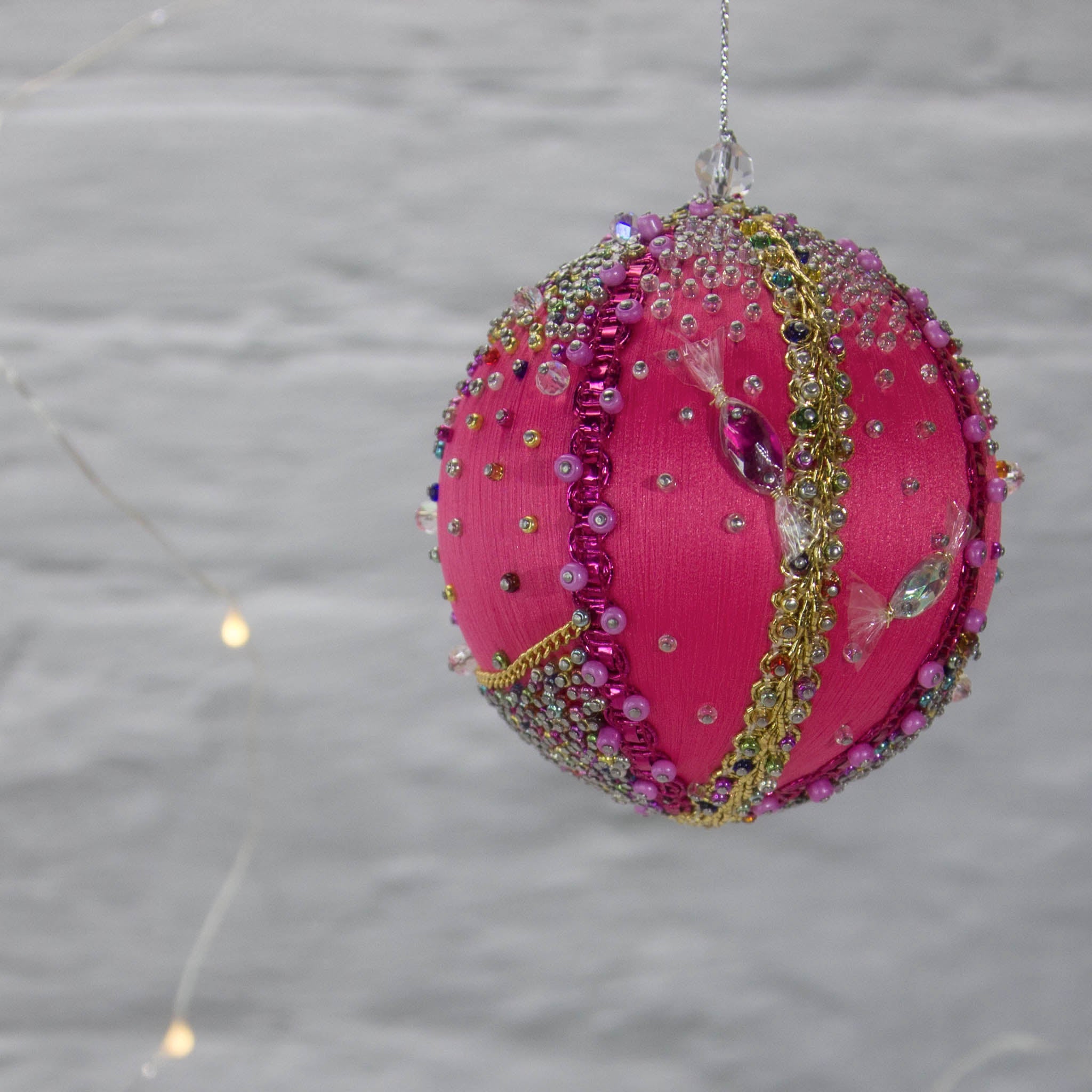 Bright pink sequin Christmas Ornament Candy  from Whim5seasonseatures bright fuchsia color, gold accents, playful candy charms. (Deep Pink) 