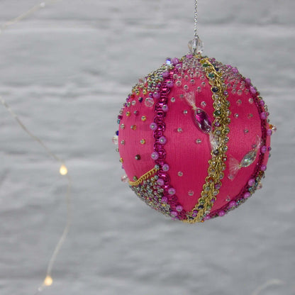 Bright pink sequin Christmas Ornament Candy  from Whim5seasonseatures bright fuchsia color, gold accents, playful candy charms. (Deep Pink) 