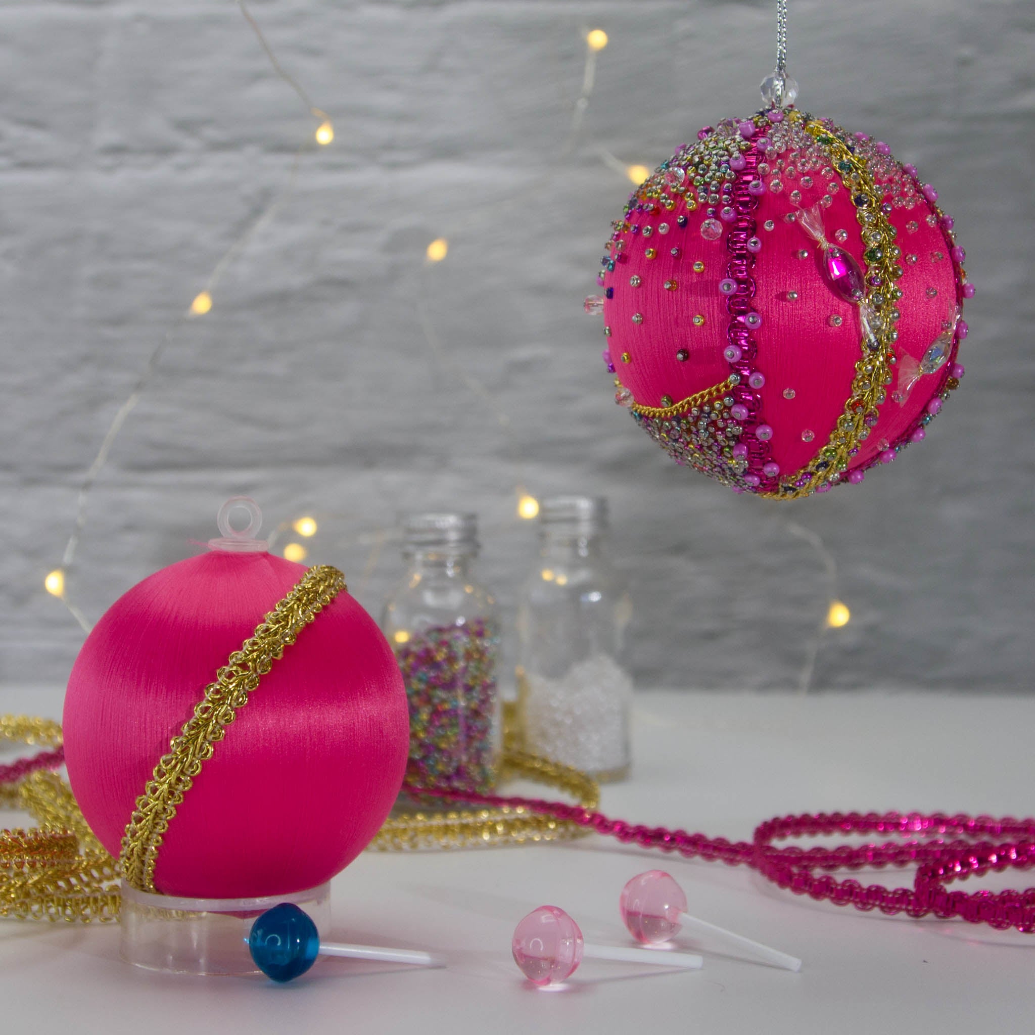 Beaded Sequin Christmas Satin Ornament Candy Kit features bright fuchsia color, gold accents, playful candy charms. (Deep Pink) 