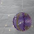 Load image into Gallery viewer, A close-up of the top of Handmade Christmas Ornament Candy by Whim5seasons - Miyuki seed beads, metallic cord hanger. (Medium Purple) 
