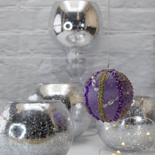 Handmade Christmas Ornament Candy by Whim5seasons -in front of silver bowls. (Medium Purple) 