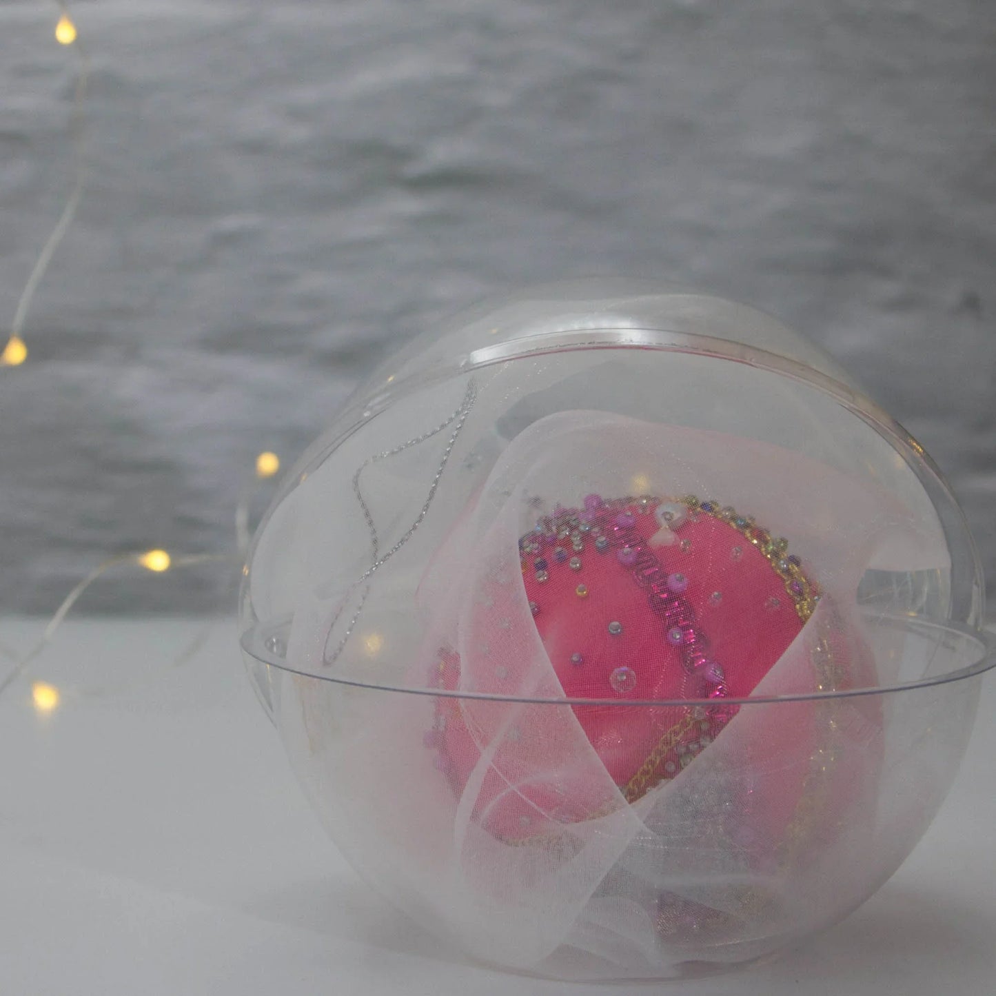 Handmade Satin Ornament Candy by Whim5sesons featuring bright pink color packed in a plastic container for storing. (Deep Pink)