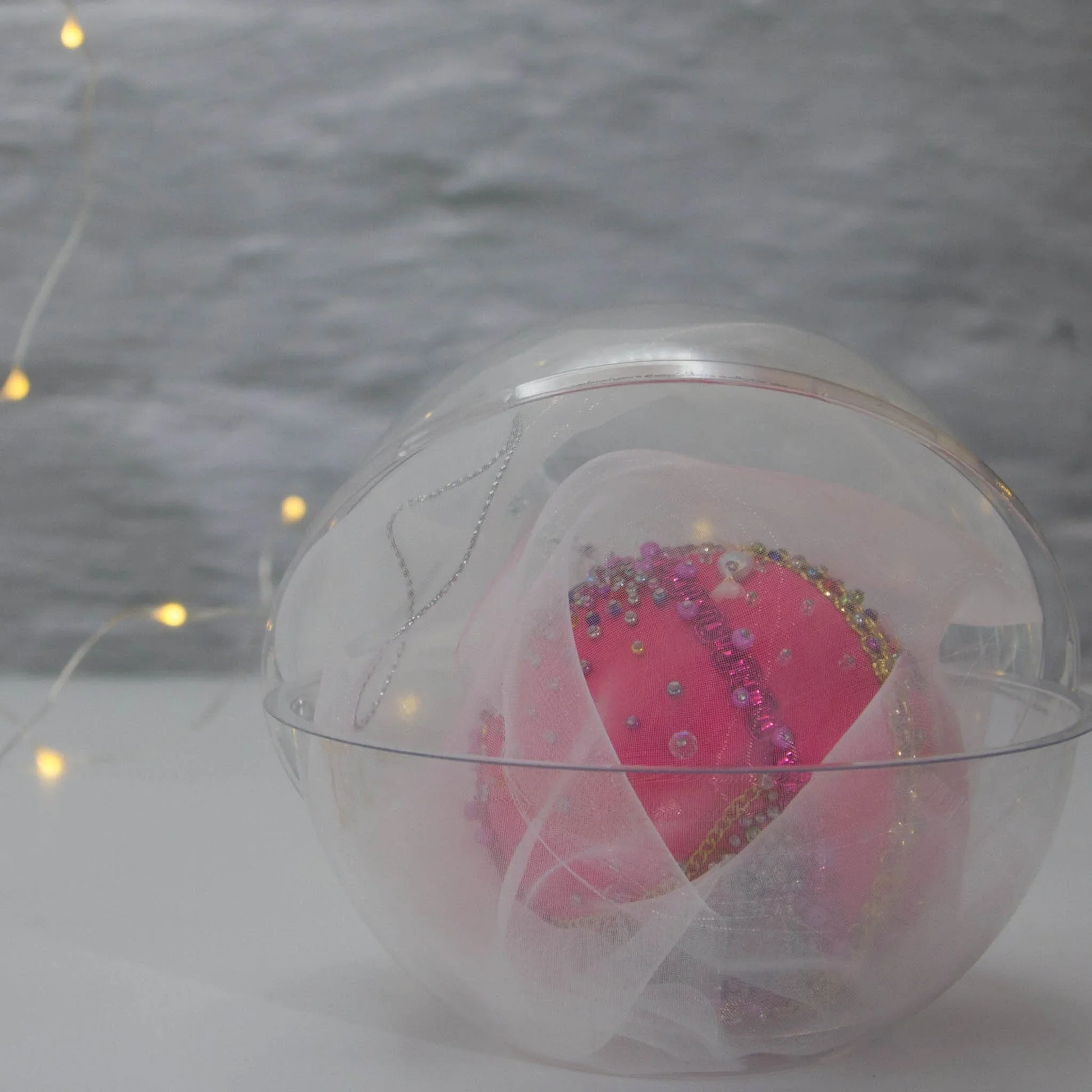 Handmade Satin Ornament Candy by Whim5sesons featuring bright pink color packed in a plastic container for storing. (Deep Pink)