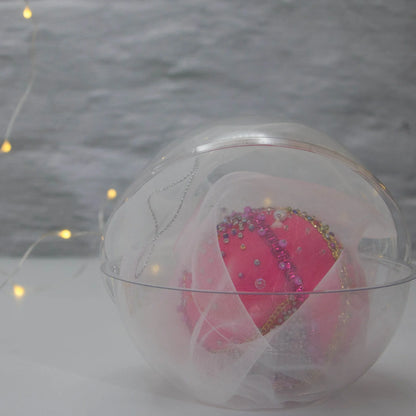 Handmade Satin Ornament Candy by Whim5sesons featuring bright pink color packed in a plastic container for storing. (Deep Pink)