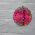 Load image into Gallery viewer, Handmade Christmas Satin Ornament Candy features bright fuchsia color, gold trim, Miyuki seed beads, playful candy charms. (Deep Pink) 

