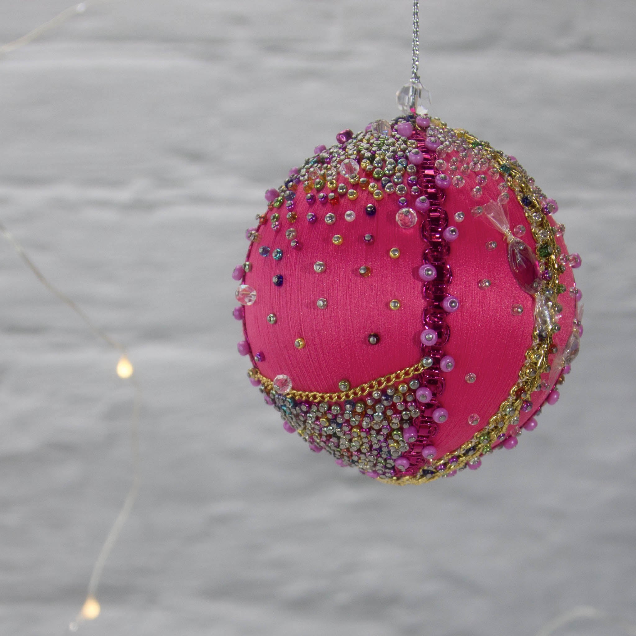 Handmade Christmas Satin Ornament Candy features bright fuchsia color, gold trim, Miyuki seed beads, playful candy charms. (Deep Pink) 
