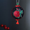 Load image into Gallery viewer, Decorative Christmas ornament with embroidered red rose on a dark background. (Black)
