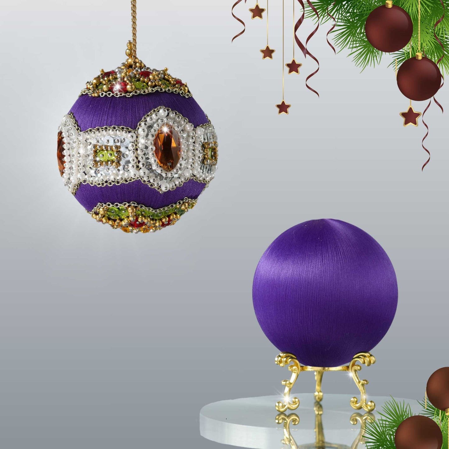 DIY Christmas Beaded Satin Ornament Kit Project in purple color featuring pearls and large rhinestones by Whim5seasons.