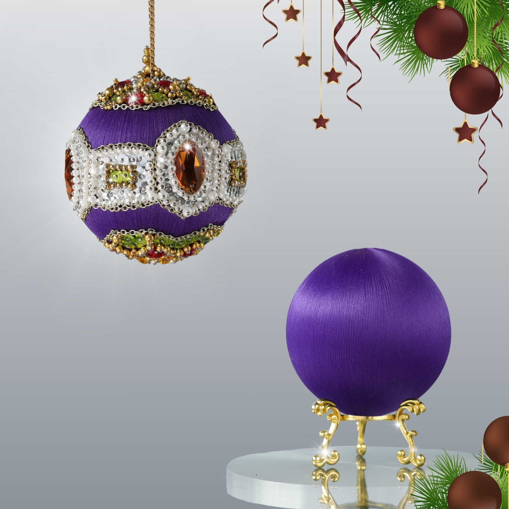 DIY Christmas Beaded Satin Ornament Kit Project in purple color featuring pearls and large rhinestones by Whim5seasons.