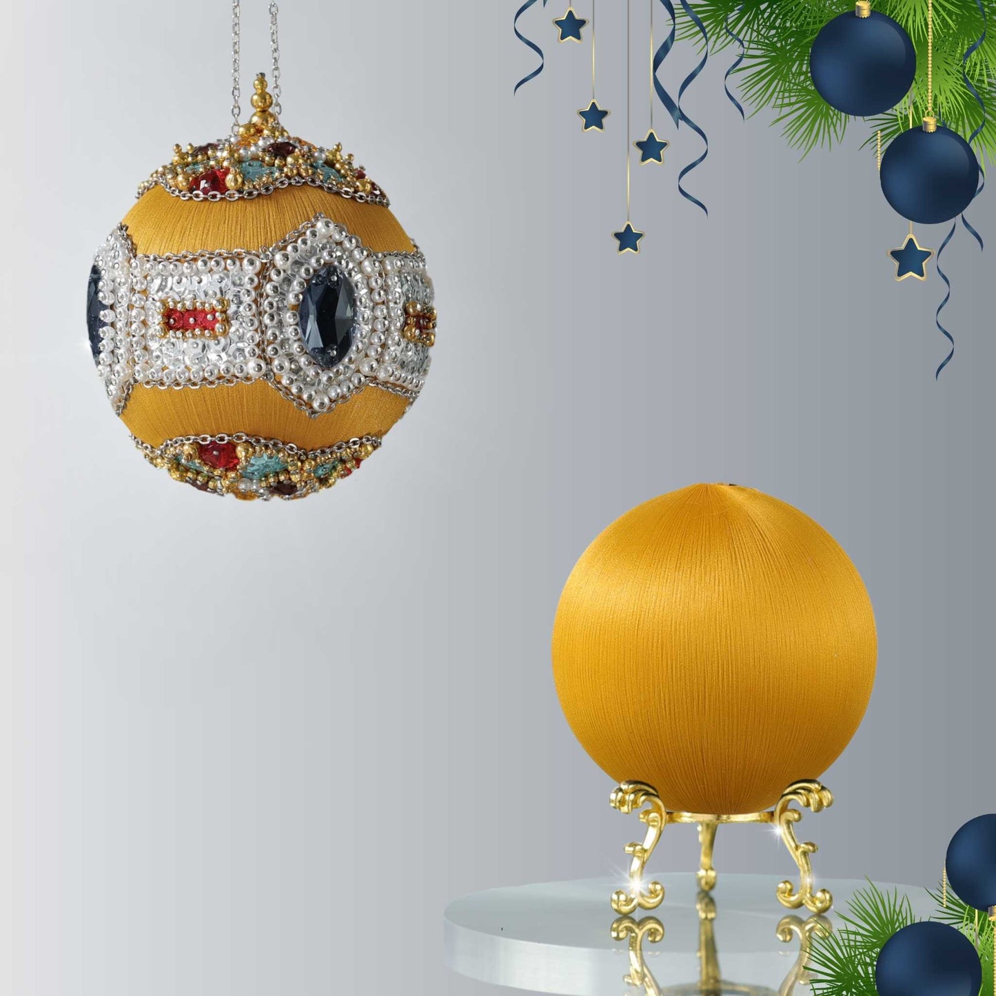 Christmas  Sequin & Beaded DIY Ornament Kit featuring satin ball on a stand and a finished handmade ornament with embellishments attached by pins to a satin core by Whim5seasons.