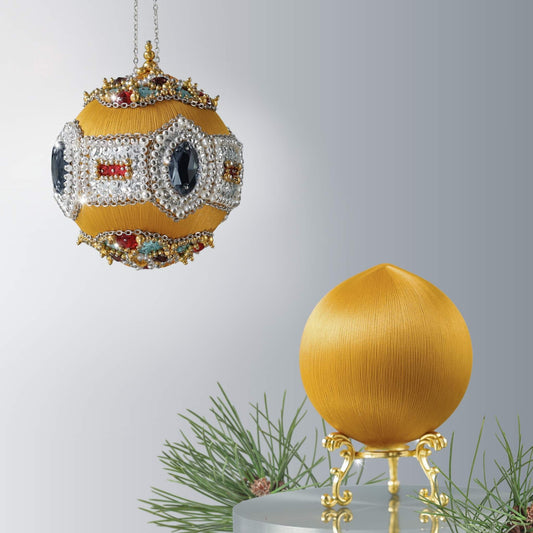 Christmas  Sequin & Beaded DIY Ornament Kit featuring satin ball on a stand and a finished handmade ornament with embellishments attached by pins to a satin core by Whim5seasons.