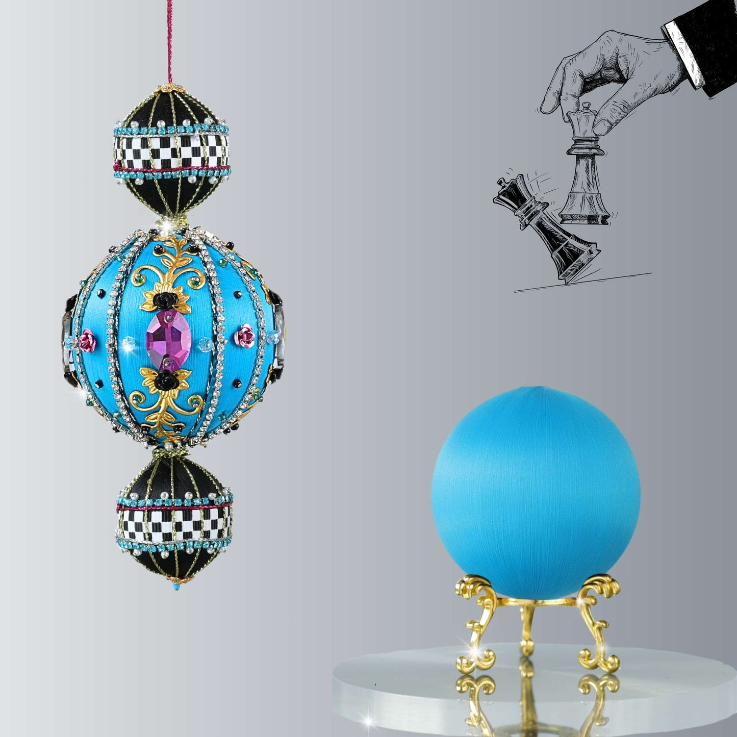 Christmas DIY whimsical beaded ornament kit Project Arabesque featuring blue satin foam balls with large glass rhinestones, racetrack trim, and pearls by Whim5seasons.