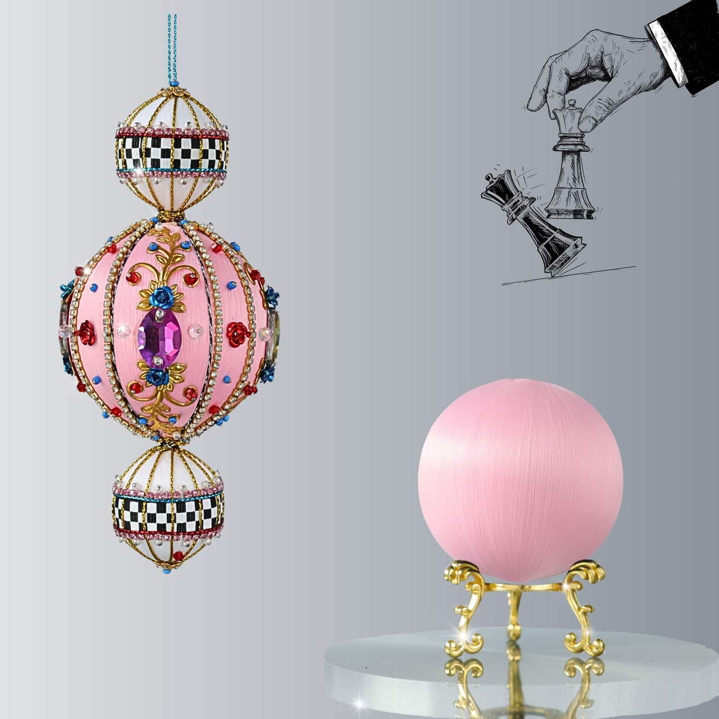 Christmas DIY whimsical beaded ornament kit Project Arabesque featuring pink satin foam balls with large glass rhinestones, racetrack trim, and pearls by Whim5seasons.