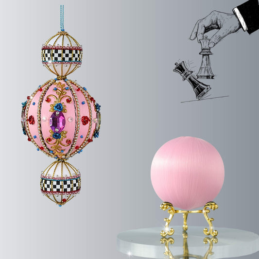 Christmas DIY whimsical beaded ornament kit Project Arabesque featuring pink satin foam balls with large glass rhinestones, racetrack trim, and pearls by Whim5seasons.