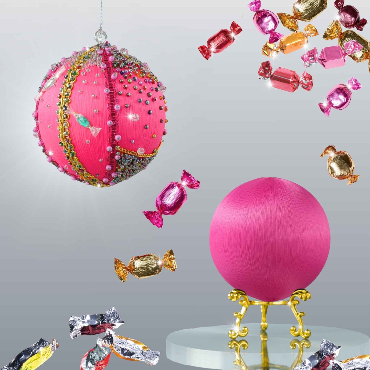 Beaded Sequin Christmas Satin Ornament Candy Kit features bright fuchsia color, gold accents, playful candy charms by Whim5seasons.