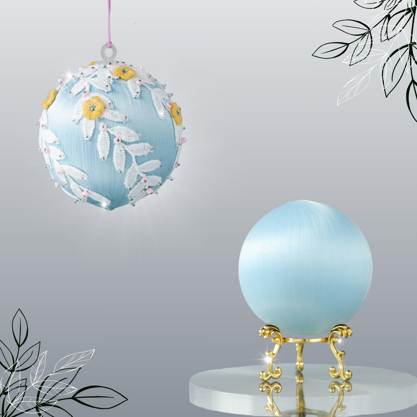Christmas ornament kit - two satin balls - one is a completed handmade push pin ornament with white lace trim, and the other is a light blue satin ball for a DIY Christmas craft project by Whim5seasons.