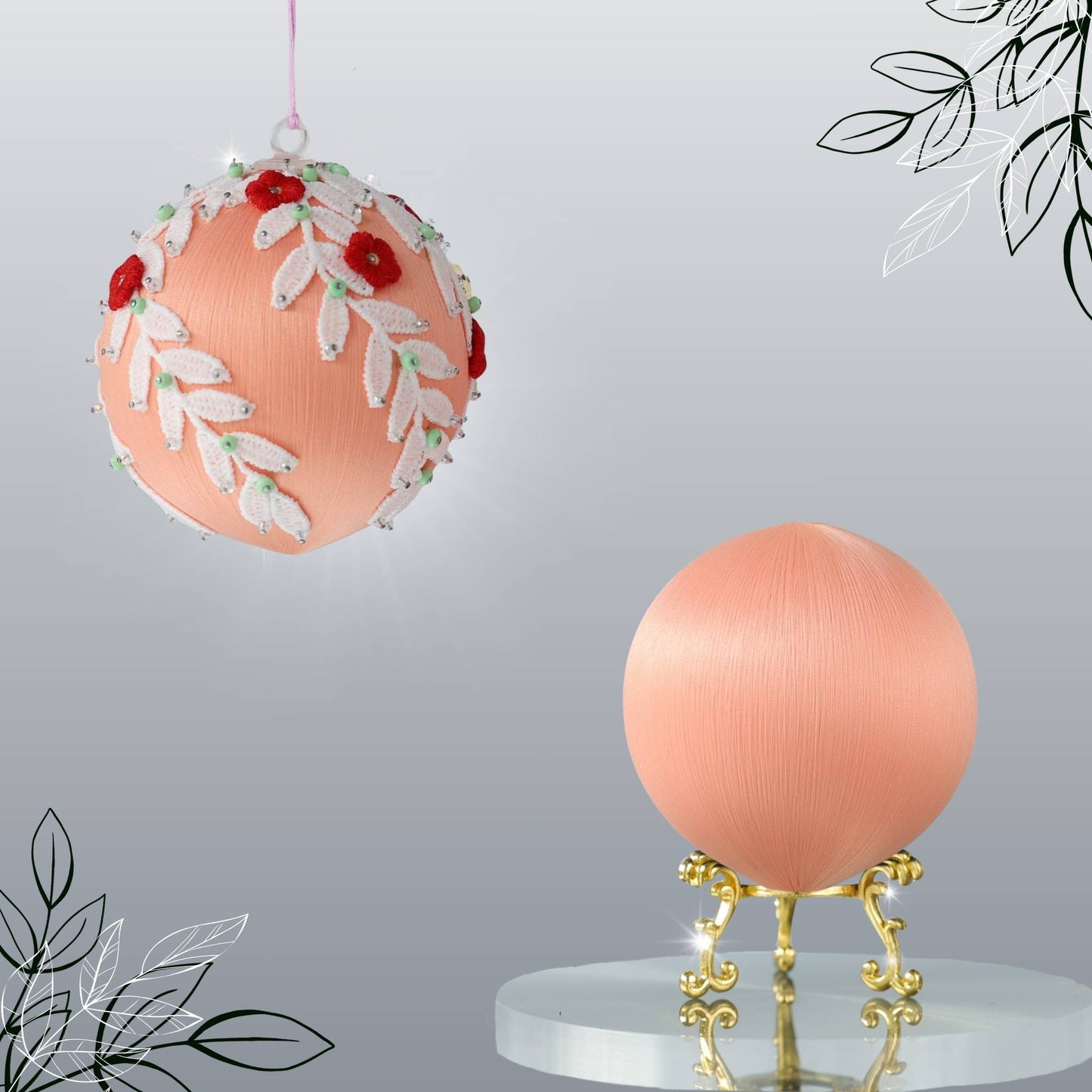 Two satin balls - one is a completed handmade push pin ornament, and the other is a green foam base to be used for a DIY Christmas craft project by Whim5seasons.