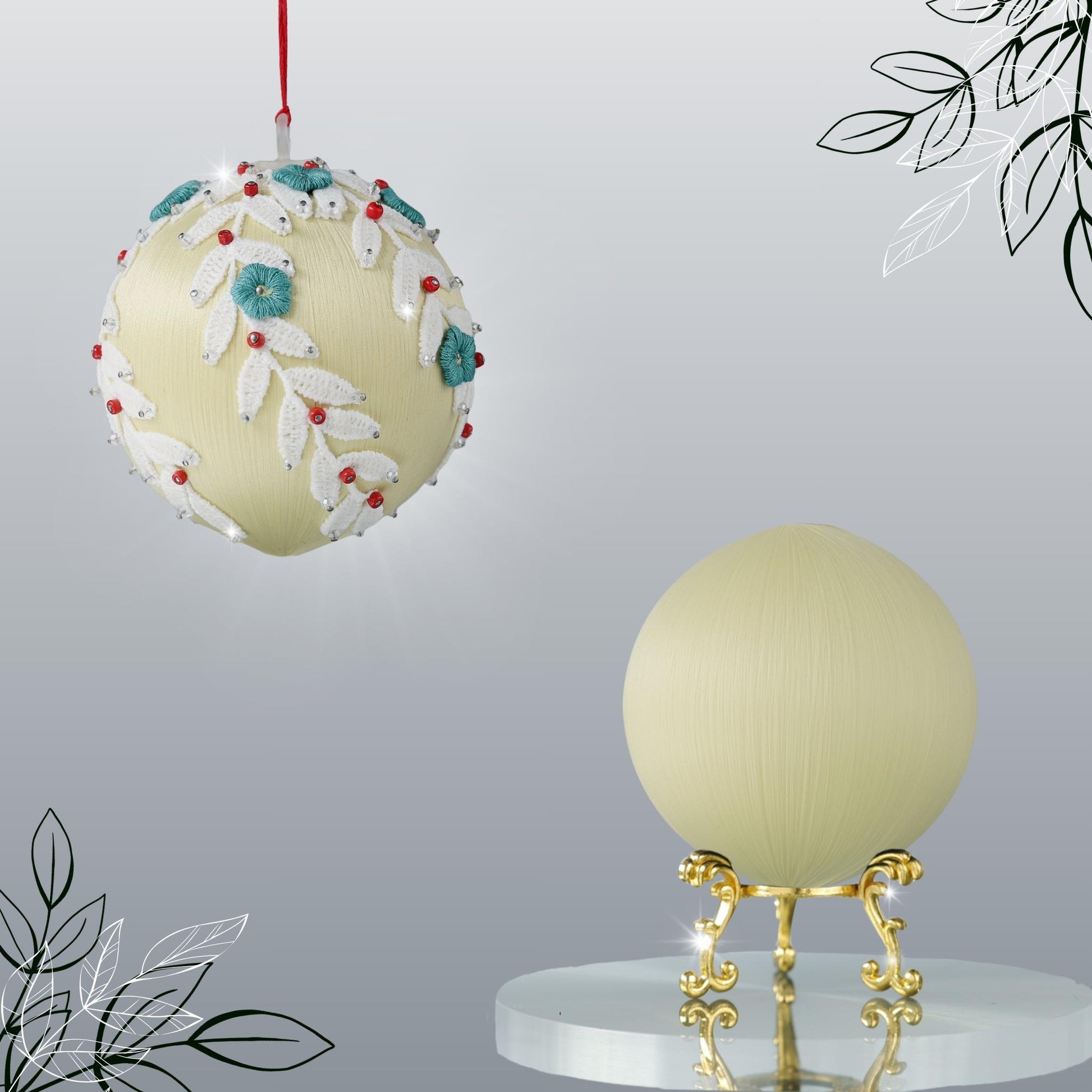 Satin push pin ornament kit - two satin balls - one is a completed handmade push pin ornament, and the other is a khaki-colored foam base to be used for a DIY Christmas craft project by Whim5seasons.