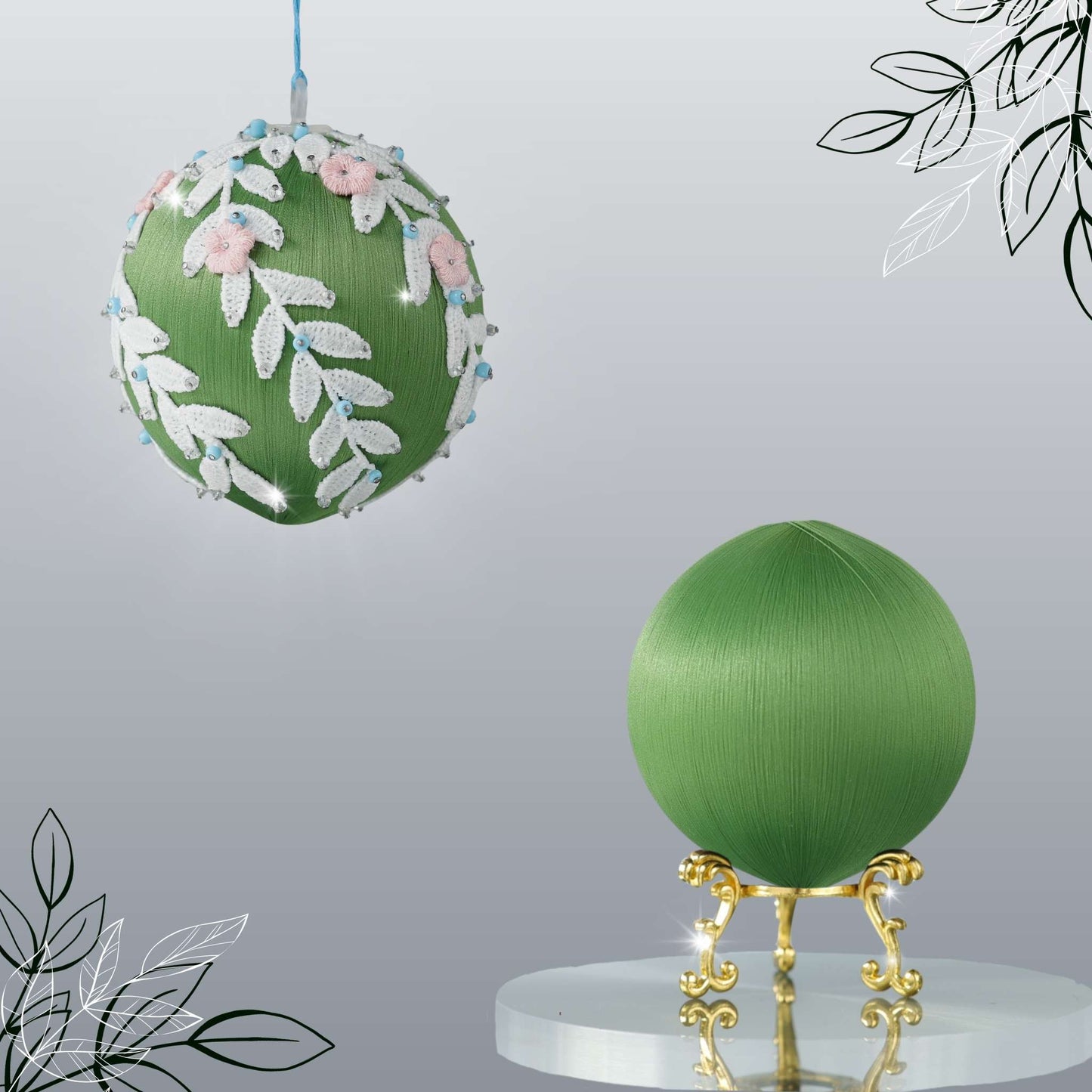 Two satin balls - one is a completed handmade push pin ornament, and the other is a green foam base to be used for a DIY Christmas craft project by Whim5seasons.