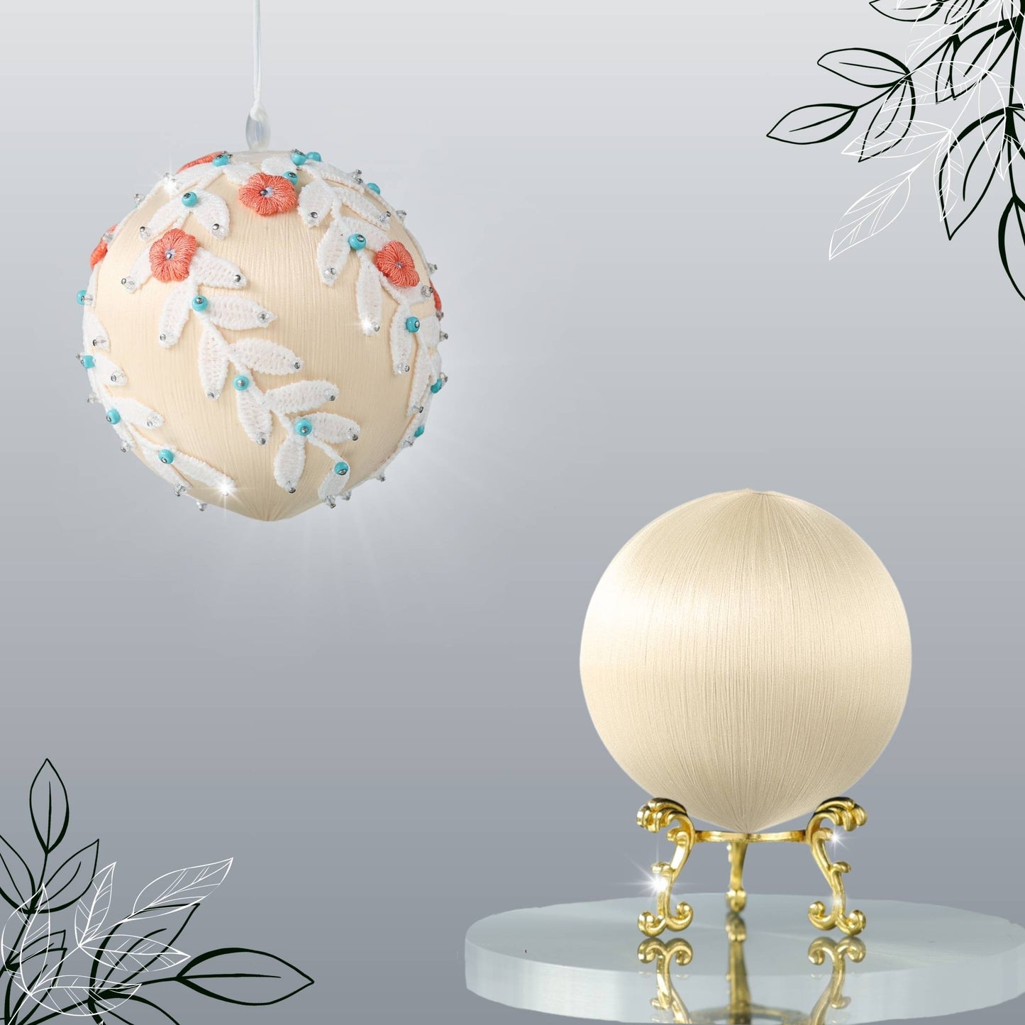 Two satin balls - one is an example of a  completed handmade push pin ornament, and the other is a papaya-colored foam base to be used for a DIY Christmas craft project by Whim5seasons.