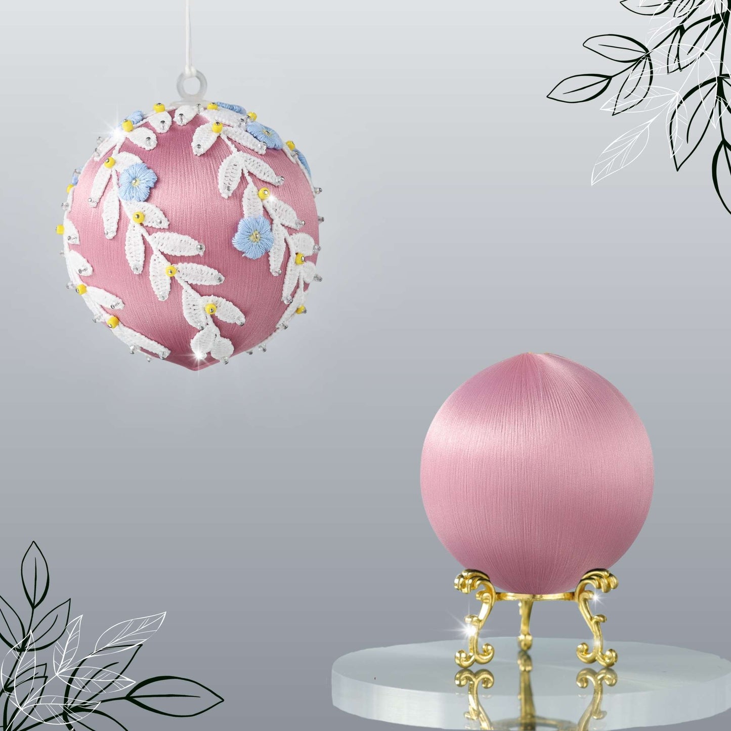Mauve colored satin balls - an example of a completed handmade beaded push pin ornament, and the other is a mauve foam base to be used for a DIY Christmas craft project by Whim5seasons.