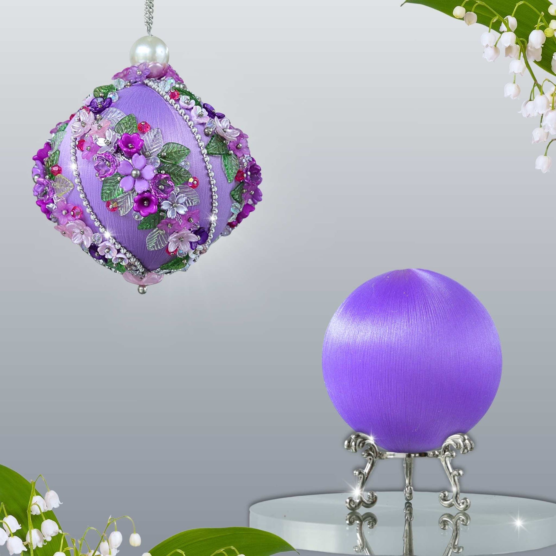 DIY Christmas Push Pin Ornament Kit Garland with floral details is showing two satin balls - one on a gold stand for the project, and one is an example of a handmade finished ball decoration by Whim5seasons.
